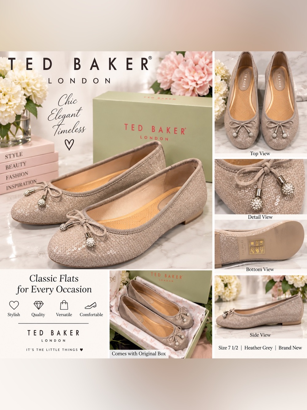 NIB Ted Baker London Heather Grey Sparkle Bow Ballet Flats Size 7.5